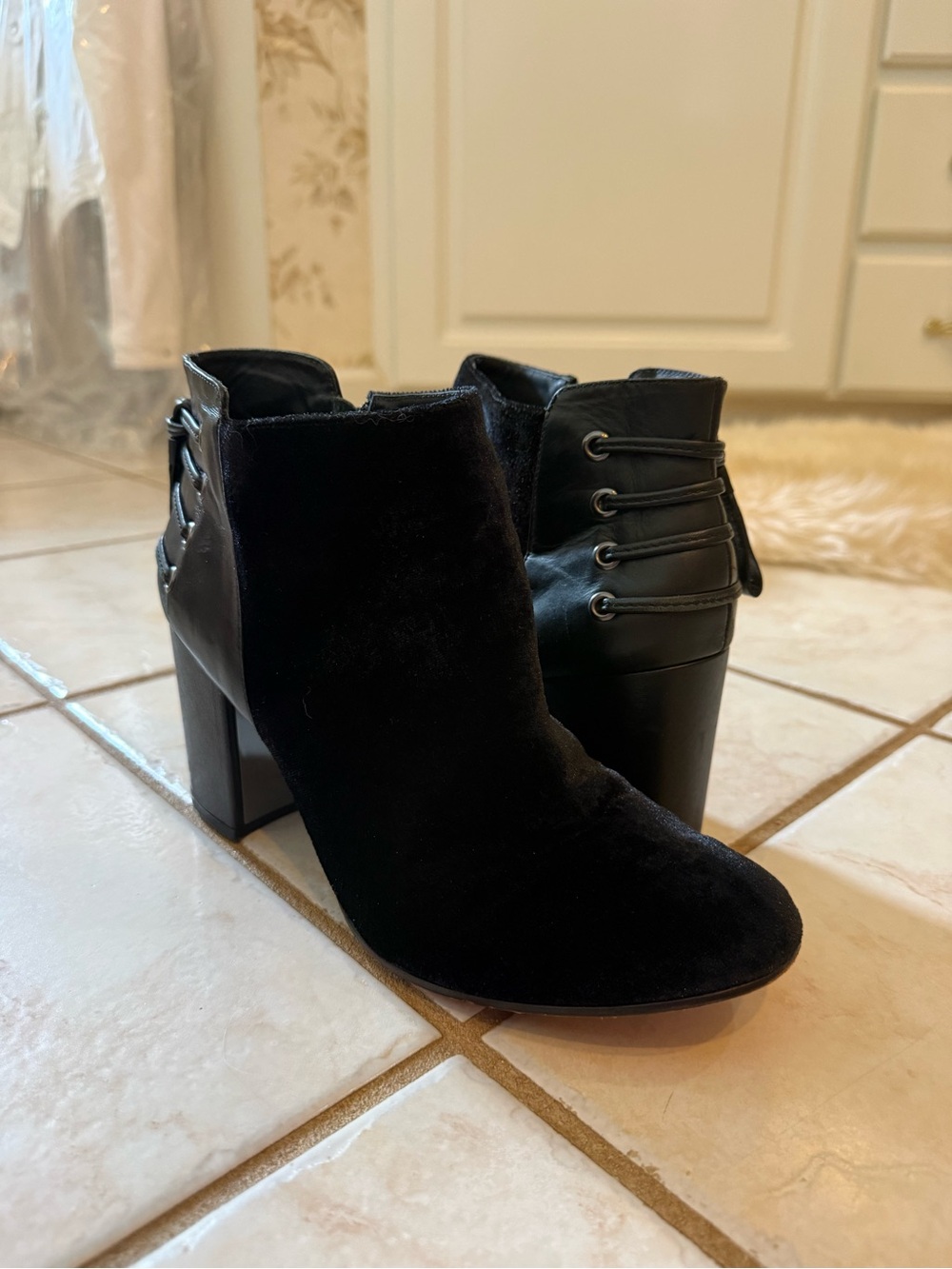 Rachel Zoe Black Velvet Leather Ankle Booties with Lace Detail and Block Heel